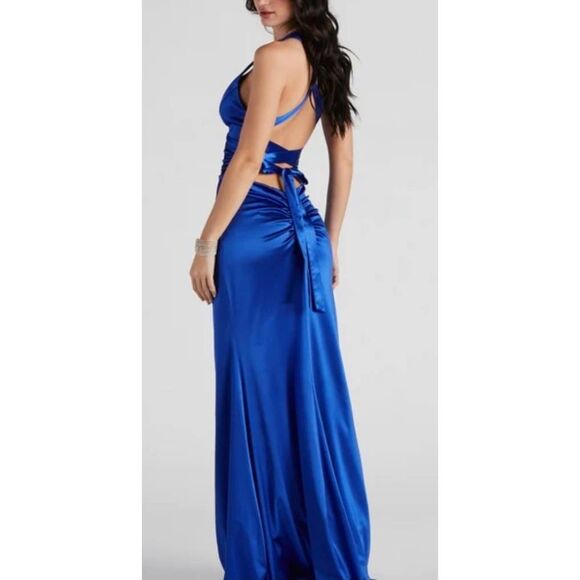 B Darlin Open Back Satin Royal Blue Size 5 Side Slit Maxi Dress NEW - Picture 2 of 9